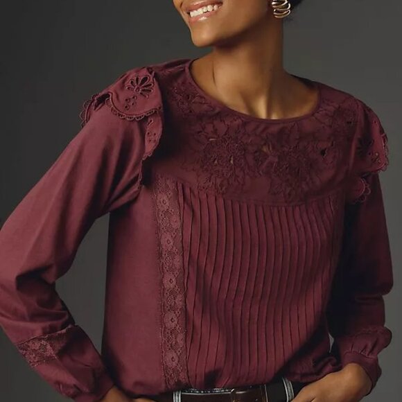 Anthropologie x Tiny Long-Sleeve Crescent Ruffled Lace Top Size Medium EUC - Picture 11 of 11